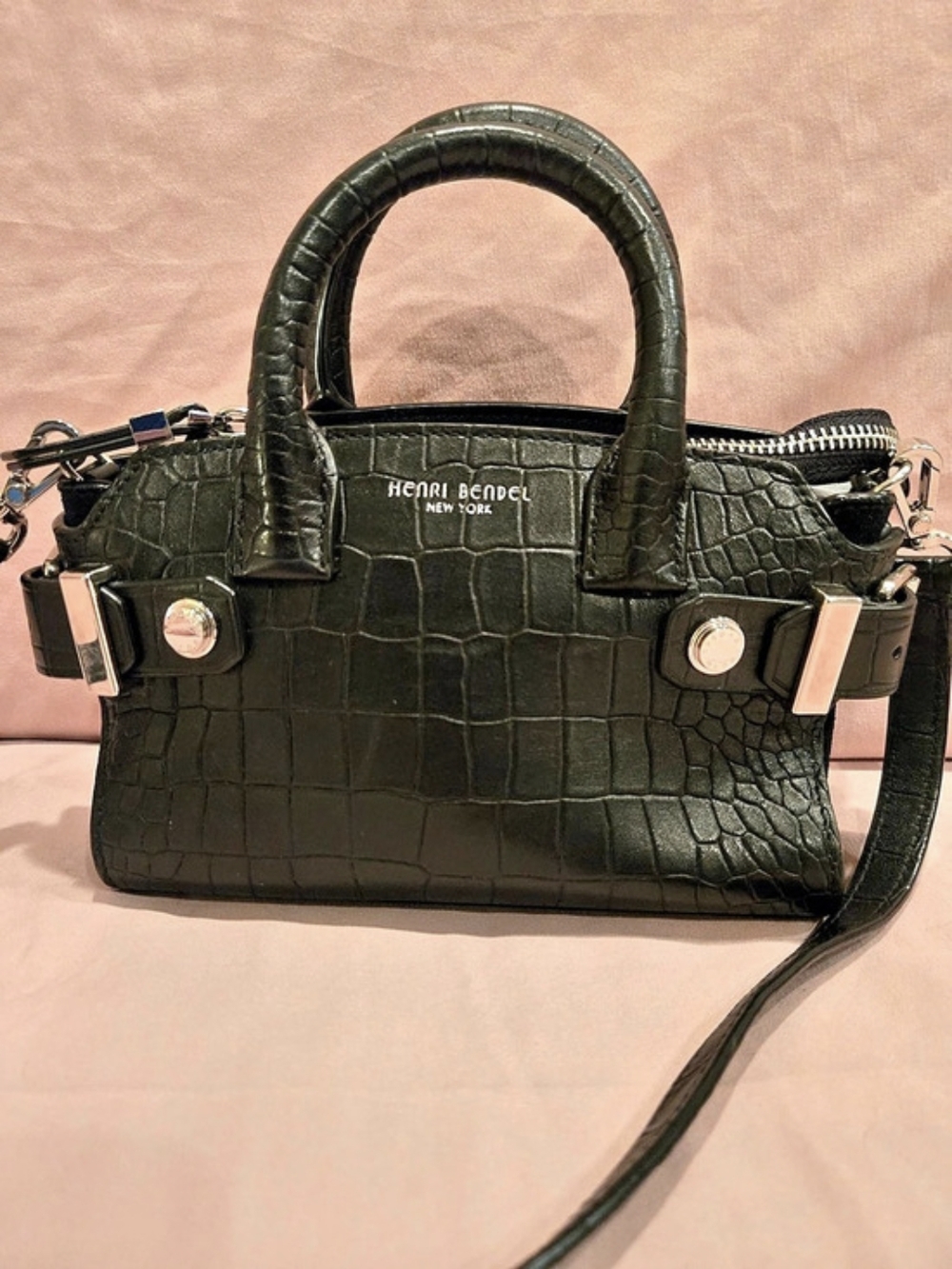 Authentic Henri Bendel Carlyle Croc-Embossed Mini Satchel, Black
